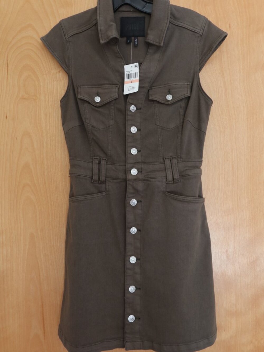 NWT! $249 Paige Jaxsyn denim mini shirt dress olive green & silver buttons sz 2